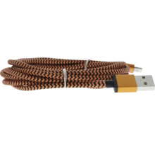 Opletený nabíjací USB kábel v čiernej a bronzovej farbe s cik-cak vzorom a kovovými konektormi.