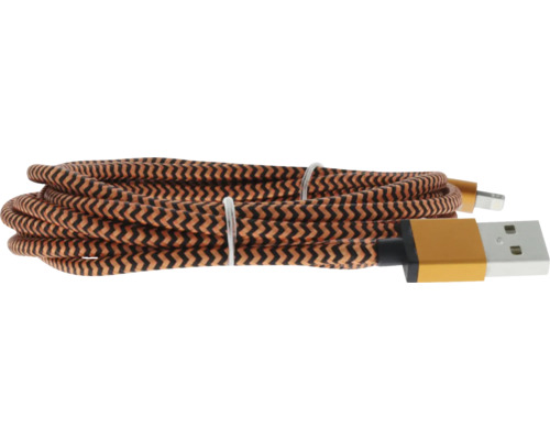 Opletený nabíjací USB kábel v čiernej a bronzovej farbe s cik-cak vzorom a kovovými konektormi.