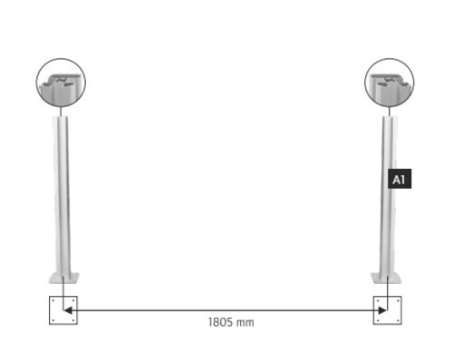 Ilustrácia dvoch kovových stĺpikov s rozostupom 1805 milimetrov.