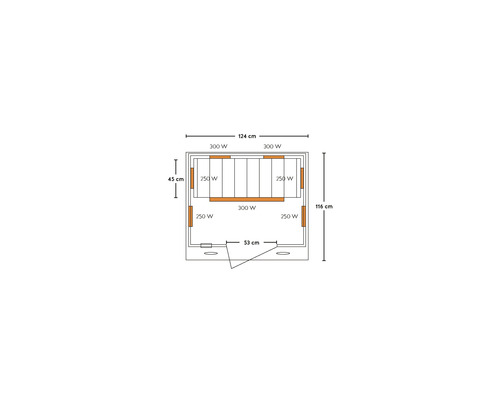 Rozmery infračervenej kabíny s údajmi o výkone vykurovacích prvkov.