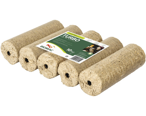 Päť drevených brikiet v balení s nápisom Biomac Turbo, hmotnosť 10 kg