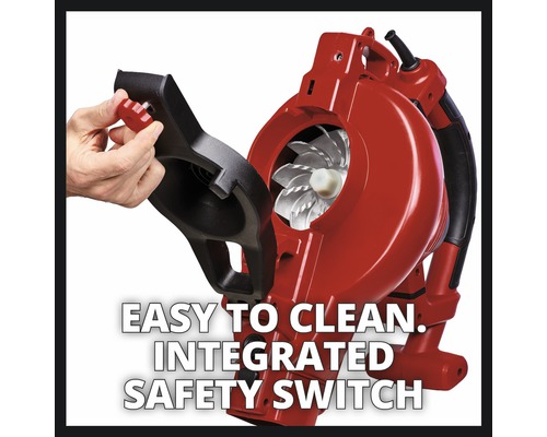 Červený vysávač lístia s funkciou čistenia a bezpečnostným spínačom