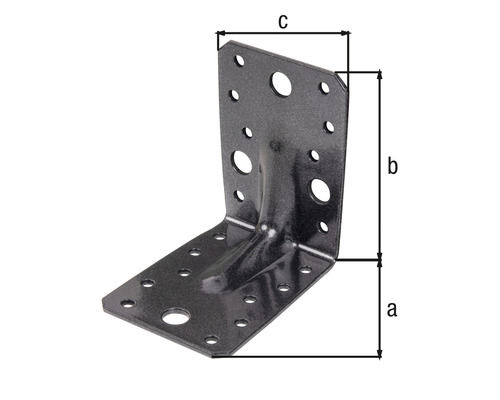 Rohová spojka s otvormi a označeniami a, b a c.
