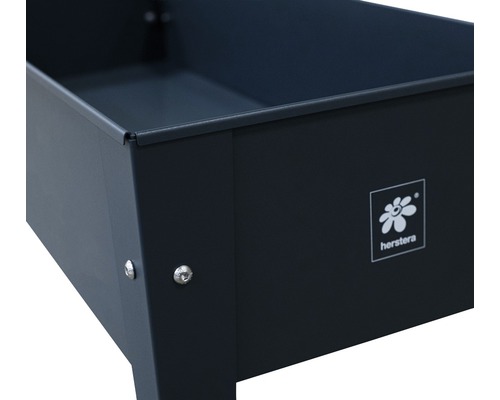 Detailný pohľad na čierny kvetináč s logom Herstera.