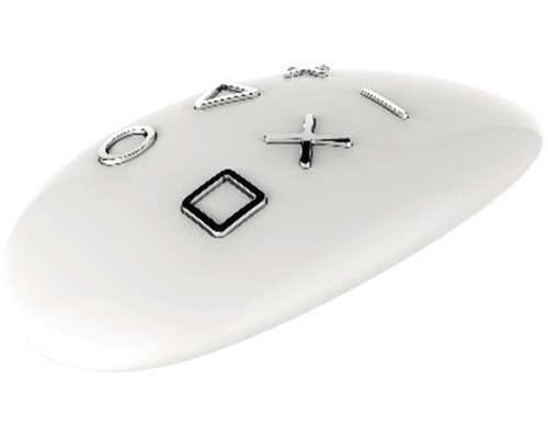 Detail bieleho povrchu s aplikovanými symbolmi: kruh, trojuholník, štvorec, kríž a čiara.