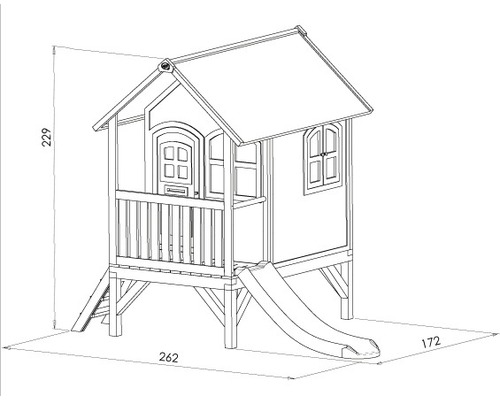 Technický nákres hracieho domčeka so šmýkačkou a rozmermi 229 cm výška, 262 cm šírka a 172 cm hĺbka.