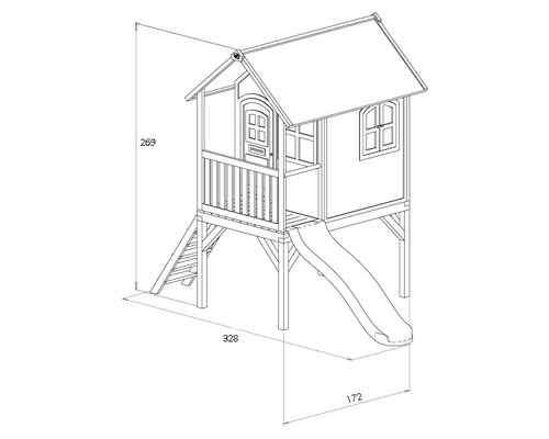 Technický nákres hracieho domčeka so šmýkačkou a rozmermi 269, 328 a 172.