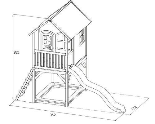 Ilustrácia hracieho domčeka so šmykľavkou a rebríkom s rozmermi