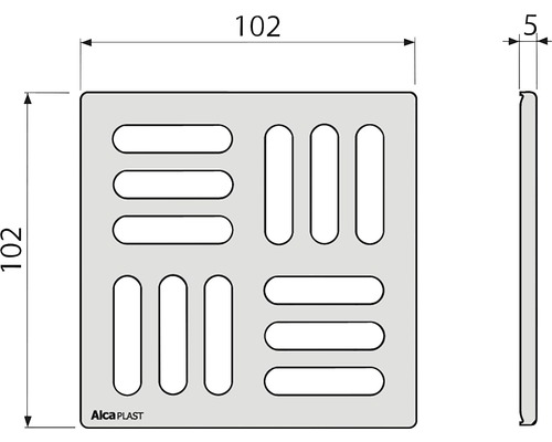 Technický nákres odtokovej armatúry s rozmermi 102 x 102 x 5 mm.