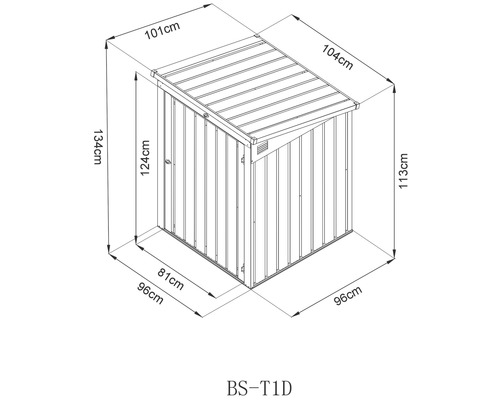 Technický nákres kôlne na náradie s rozmermi.