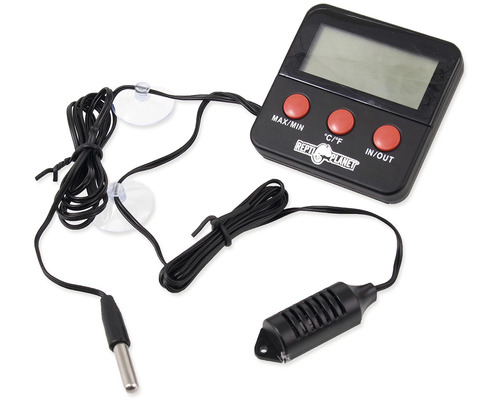 Digitálny teplomer pre plazy s dvoma senzormi a prísavkami na upevnenie.