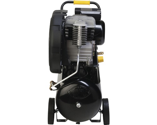Čierny piestový kompresor so žltou rukoväťou na použitie v kutilstve.