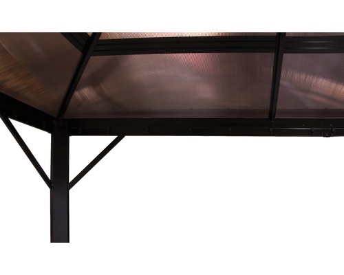 Detail altánku s polykarbonátovou strechou a podpernými stĺpmi