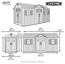 Nákres záhradného domčeka s rozmermi a logom Lifetime