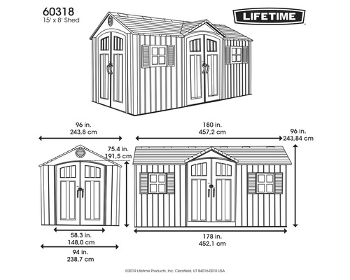 Nákres záhradného domčeka s rozmermi a logom Lifetime