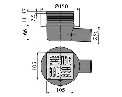 Technický nákres podlahového odtoku s rozmermi.
