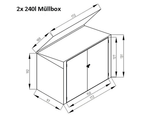 Technický nákres boxu na smetné nádoby pre dve 240-litrové smetné nádoby s rozmermi