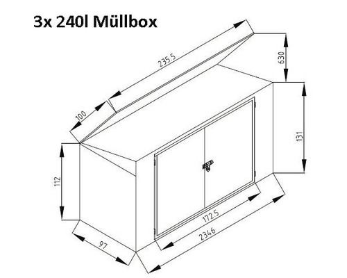 Technický nákres boxu na smetné nádoby pre tri smetné nádoby s objemom 240 litrov, vrátane rozmerov.
