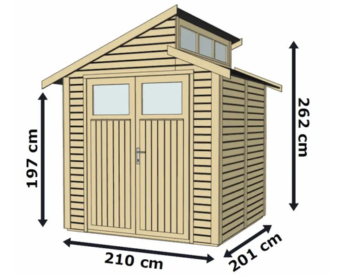 Obrázok záhradného domčeka s rozmermi: výška 262 cm, šírka 210 cm, hĺbka 201 cm.