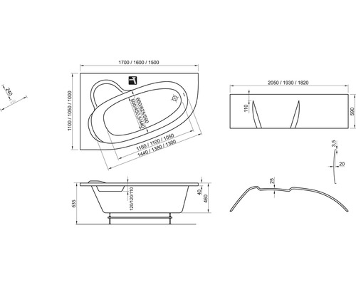 Technický nákres vane s rozmermi