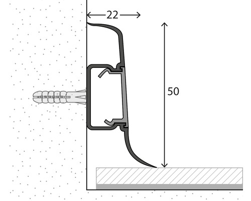 Profilová lišta s rozmermi 22 a 50 pre montáž na stenu