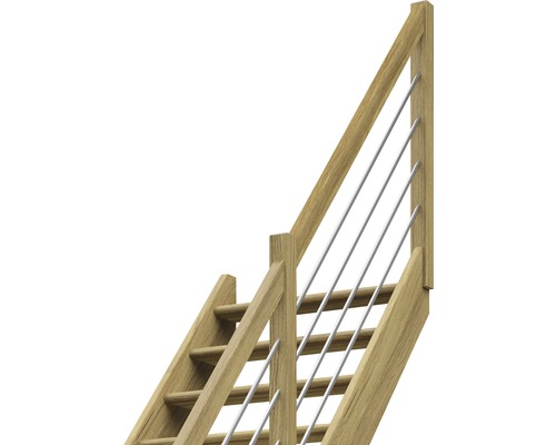 Drevené schodisko so zábradlím a kovovými tyčami