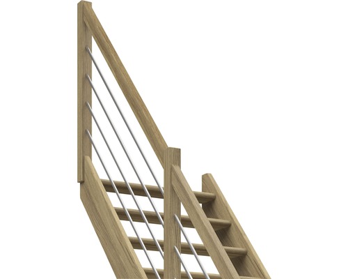 Drevené schodisko so zábradlím a lanami z nehrdzavejúcej ocele