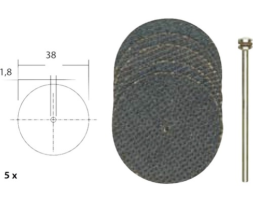 Päť rezných kotúčov s technickým výkresom a upevnením