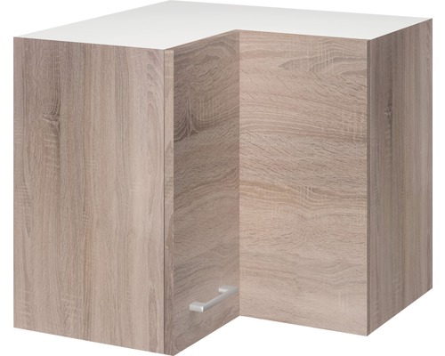 Rohová závesná skrinka s drevenou štruktúrou a úchytkou