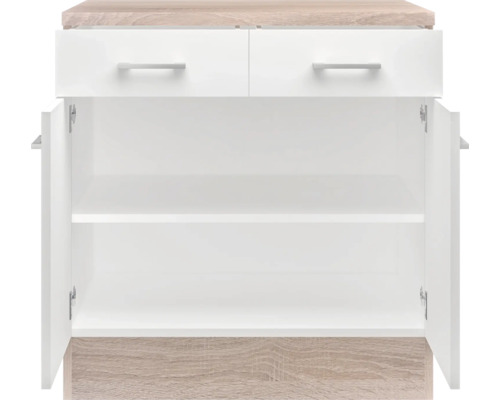 Biela spodná skrinka s dvomi zásuvkami a otvorenými dvierkami.