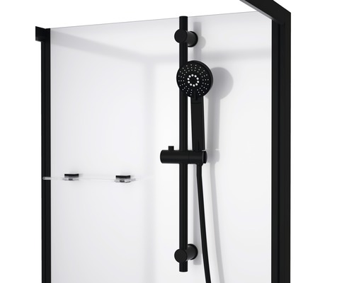 Sprchovací kút so sprchovacou batériou a poličkou