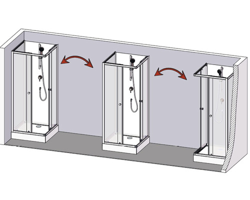 Tri sprchové kabíny s otočnými dverami a sprchovou batériou