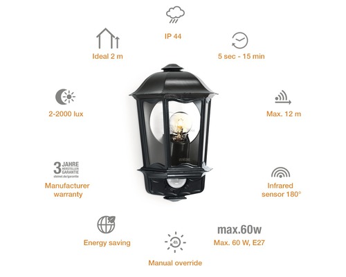 Vonkajšie svietidlo s pohybovým senzorom a technickými informáciami