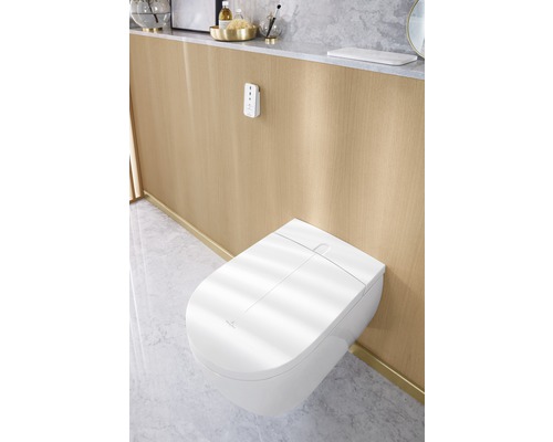 Závesné hlboké splachovacie WC s funkciou sprchy v kúpeľni.