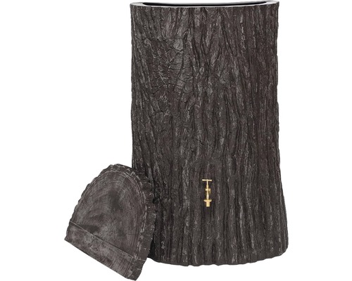 Nádrž na dažďovú vodu vzhľadu stromového kmeňa s výpustným kohútikom a vekom