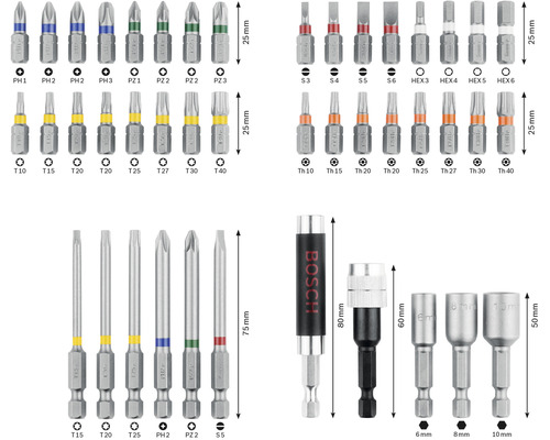Rôzne skrutkovacie bity a magnetické držiaky bitov