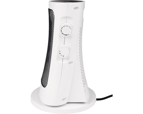 Biely ohrievač s okrúhlou základňou a regulátorom teploty