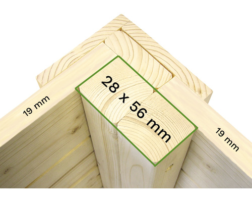 Drevená konštrukcia s rozmermi 28 x 56 milimetrov a 19 milimetrov