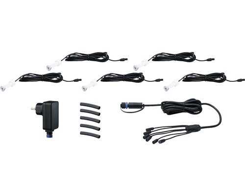 Sada záhradných svetiel so šiestimi svetlami, napájacím káblom, napájacím zdrojom a inštalačným príslušenstvom