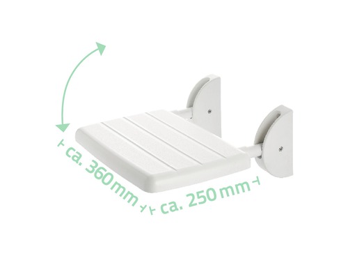 Sklopné sprchové sedadlo so šírkou približne 360 mm a hĺbkou 250 mm