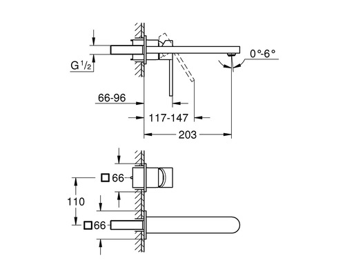 Rozmerový nákres umývadlovej batérie s rôznymi údajmi o veľkosti