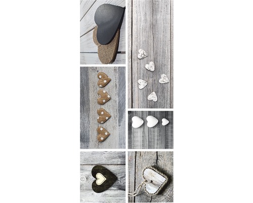 Koláž rôznych ozdobných sŕdc na drevenom pozadí