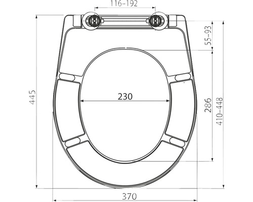 Technický nákres WC sedadla s rozmermi