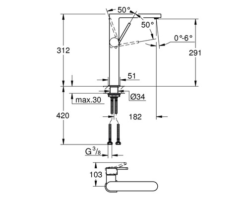 Technický nákres vodovodnej batérie s rozmermi