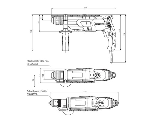 Technický nákres vŕtačky Metabo s rozmermi