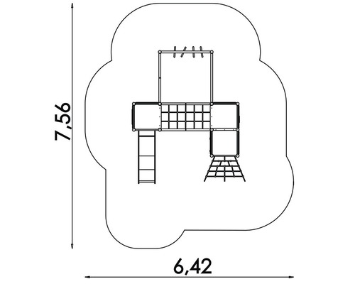 Pohľad zhora na hraciu zostavu s rozmermi 7,56 metra krát 6,42 metra.