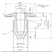 Technický nákres upevňovacieho prvku s podrobnými rozmermi