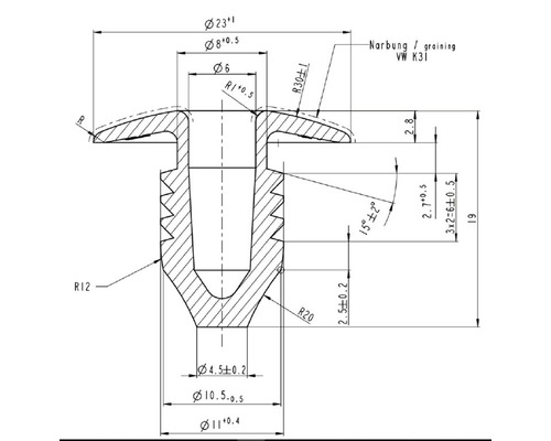 Technický nákres upevňovacieho prvku s podrobnými rozmermi