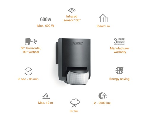 Pohybový senzor Steinel s infračerveným senzorom 130 stupňov, 600 W, ideálne 2 metre, 50 stupňov horizontálne, 90 stupňov vertikálne, 8 sekúnd až 35 minút, maximálny dosah 12 metrov, IP 54, 2 až 2000 luxov, záruka výrobcu, úspora energie