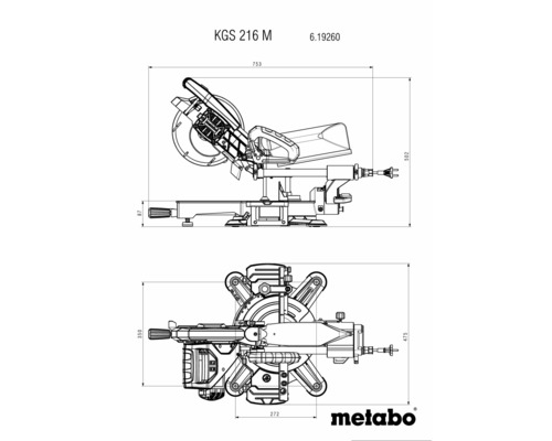 Technický nákres pokosovej píly Metabo KGS 216 M s rozmermi.